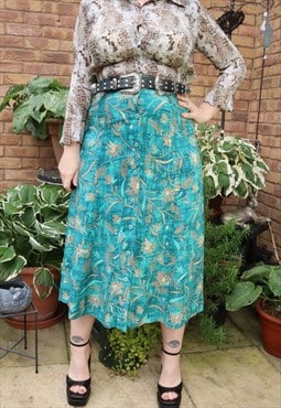 Vintage 90s Green Cottage Floral Flower Festival Midi Skirt