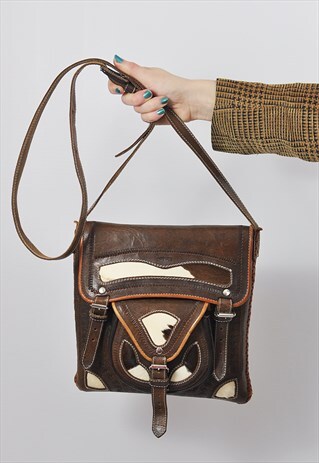 VINTAGE BROWN LEATHER HIDE CROSS BODY BAG