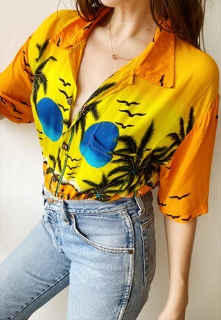 VINTAGE 90S ISLAND LIFE HAWAII FESTIVAL BLOUSE TOP HIPPIE