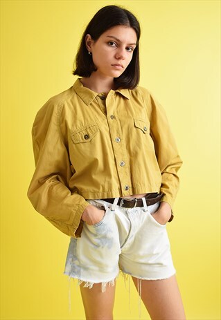 80'S RETRO MUSTARD YELLOW CROPPED DENIM-LIKE JACKET