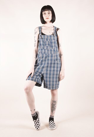 VINTAGE BLUE CHECKED RELAXED SHORT DUNGAREES /MM2301