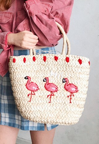 FLAMINGO EMBROIDERY BEACH STRAW BAG