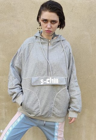 OVERSIZE CARGO POCKET HOODIE ZIP UP PULLOVER TOP IN GREY