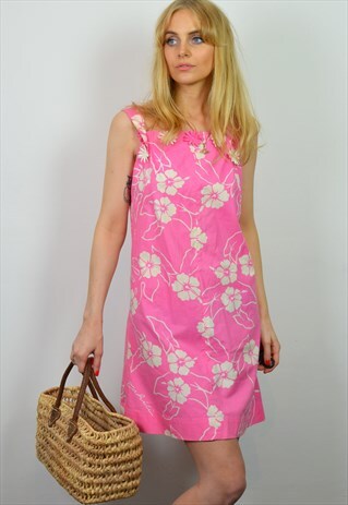 VINTAGE 70S BARBIE PINK & WHITE FLORAL SUMMER MINI DRESS
