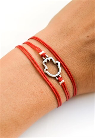 SILVER HAMSA WRAP BRACELET WITH A RED CORD, GIFT FOR HER