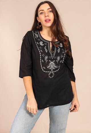VINTAGE 90S TUNIC BLOUSE IN BLACK WITH EMBROIDERED CHEST