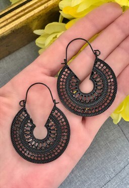 Black Painted Hoop Dangle Earrings