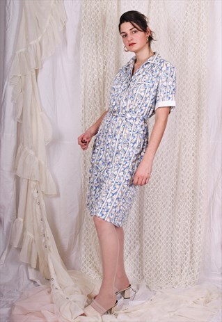 90S GEOMETRIC PRINT BLUE DRESS, LARGE SIZE