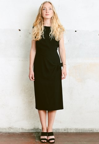 VINTAGE 50S BLACK CREPE MIDI WIGGLE DRESS