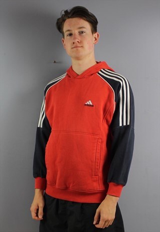 VINTAGE ADIDAS HOODIE JUMPER IN RED WITH EMBROIDERED LOGO. S