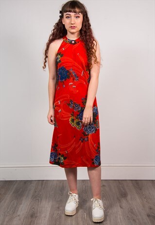 VINTAGE 70'S RED FLORAL PRINT SLEEVELESS MIDI DRESS
