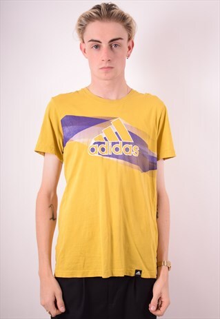 ADIDAS MENS VINTAGE T-SHIRT TOP MEDIUM YELLOW 90S