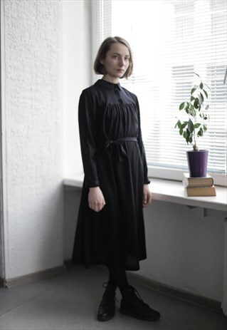 VINTAGE 80'S BLACK LONG SLEEVED MIDI DRESS