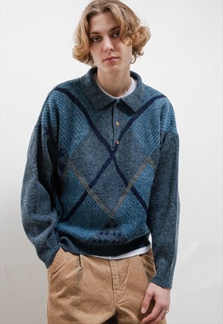 VINTAGE 80S GEOMETRIC BLUE WOOL HALF BUTTON BOXY JUMPER MEN