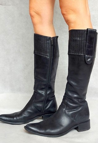 Black leather tall boots, pointy toe, 38 size