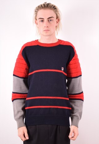 FILA MENS VINTAGE JUMPER SWEATER MEDIUM BLUE STRIPES 90S