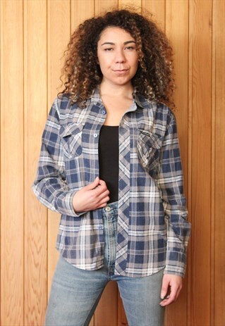 VINTAGE 1990S BLUE AND GREY CHECKED FLANNEL SHIRT