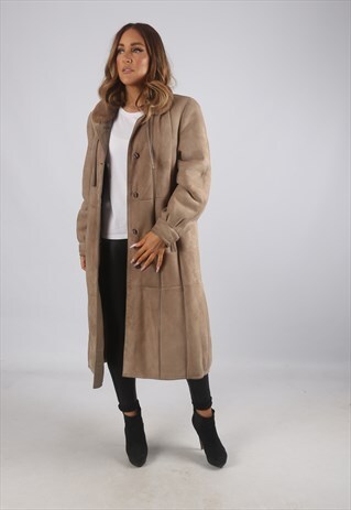 VINTAGE SHEEPSKIN SUEDE SHEARLING COAT LONG UK 14 (J9BT)