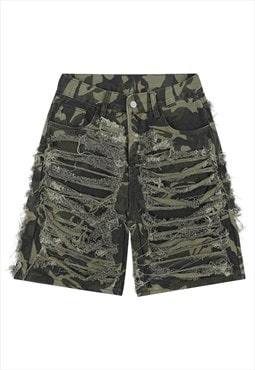 Shredded denim shorts ripped jean skater pants camo green