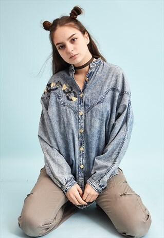 80'S RETRO ACID WASH DENIM SHIRT TOP