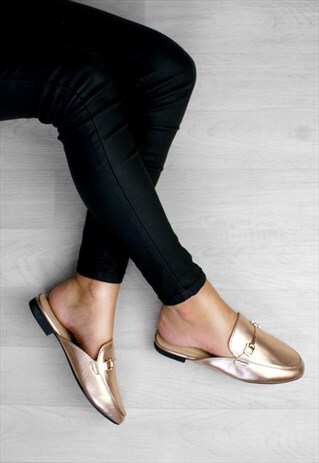 GABBY ROSE GOLD FAUX LEATHER BUCKLE MULES