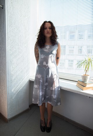 VINTAGE 80'S MIDI GREY FLOWER PRINT TRANSPARENT DRESS