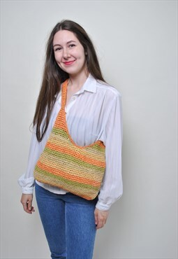 90s knit shoulder bag, multicolor knitted tote bag, boho 