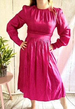 Vintage Fuschia Pink Embroidered Floral 90's Midi Dress