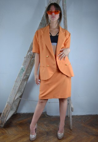 Vintage 80's summer light skirt suit blazer set in orange 