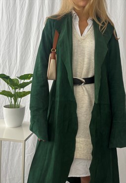 Vintage 90s suede trench coat in green. 