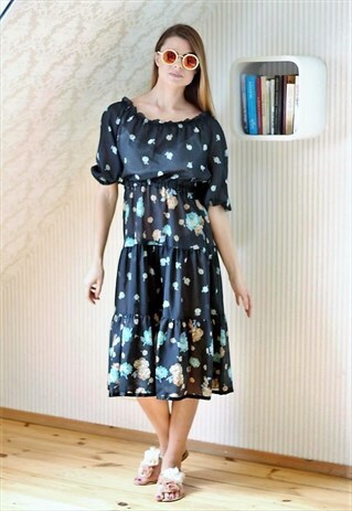 BLACK MIDI BOHO FESTIVAL DRESS WITH BLUE FLOWERS