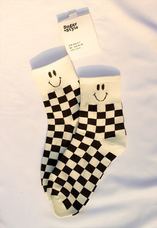 White Checkerboard Smiley Face Socks