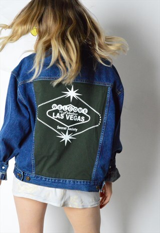 REWORKED VINTAGE 90S NAVY BLUE DENIM JACKET X LAS VEGAS