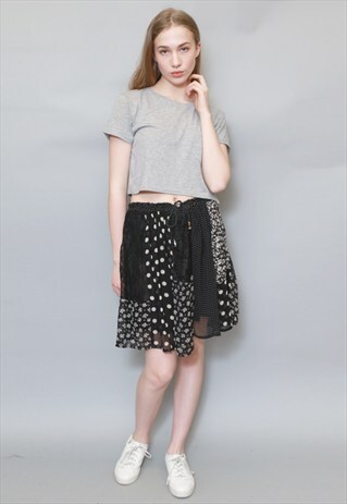 VINTAGE 1990S BLACK AND WHITE FLORAL PATCHWORK SKIRT