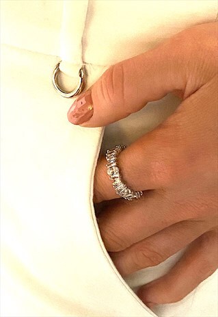 PLATINUM PLATED EMERALD CUT CZ RING, PROMISE RING