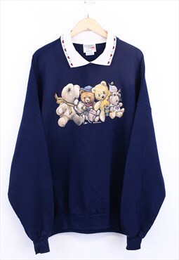 Vintage Festive Bear Sweatshirt Navy Pullover Collared 
