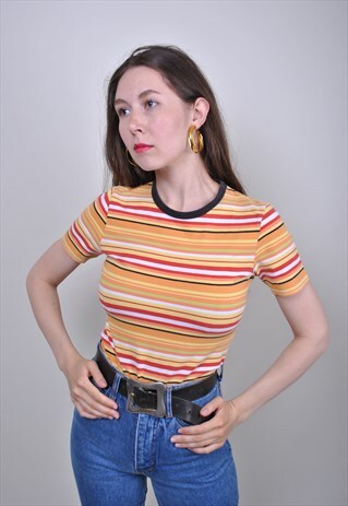 90S VINTAGE STRIPED CASUAL TSHIRT, SIZE S