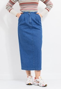 Vintage 90's denim skirt in blue midi pencil