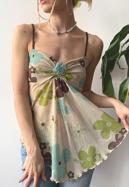 Vintage Y2K Green Beige Sheer Floral Print Cami Top Blouse