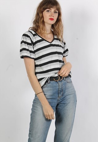 VINTAGE ADIDAS T-SHIRT V NECK STRIPED MULTI