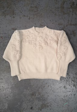 Vintage Patterned Knitted Jumper Cottagecore Flower Cream