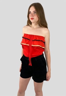 70's Vintage Strapless Red Ruffle Ladies Cotton Top