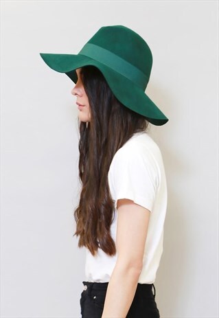 VINTAGE 1970'S STYLE FOREST GREEN WIDE BRIM FEDORA
