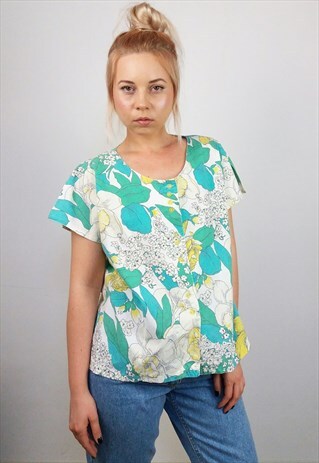 VINTAGE 90'S FLORAL PRINT COTTON SHORT SLEEVES BOXY SHIRT