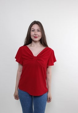 Vintage 00s ruffle blouse, wavy red blouse pullover v neck 