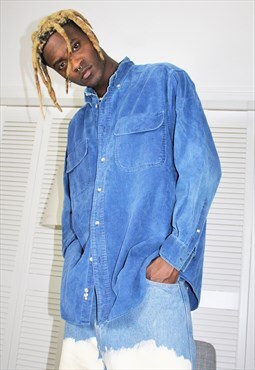 Vintage 90s Blue Eddie Bauer Corduroy Casual Shirt 