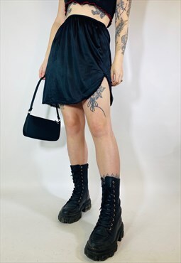 Vintage 90s 00s Y2K Satin Lace Black Mini Slip Skirt