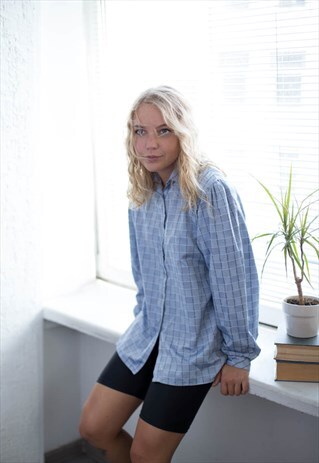VINTAGE 70'S CHECKED GLITTERY PUFF SLEEVED BLUE SHIRT