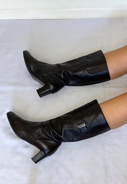 Dark Brown Leather Knee High Mid Calf Vintage Boots