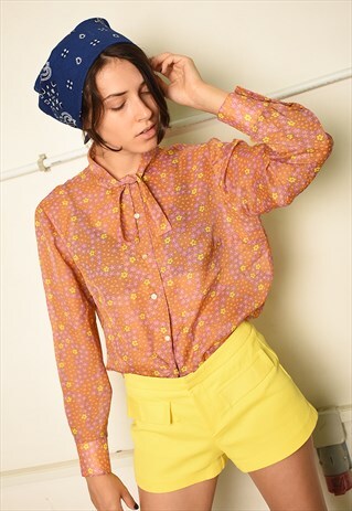 VINTAGE 70S PARIS CHIC SHEER BLOUSE WITH MOD FLORAL PRINT
